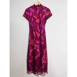 CDC Burgundy and Pink Leaf Print Maxi Dress